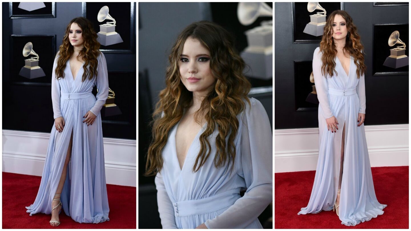 Actress Taylor Spreitler arrives for the 60th Grammy Awards pre-telecast in New York.