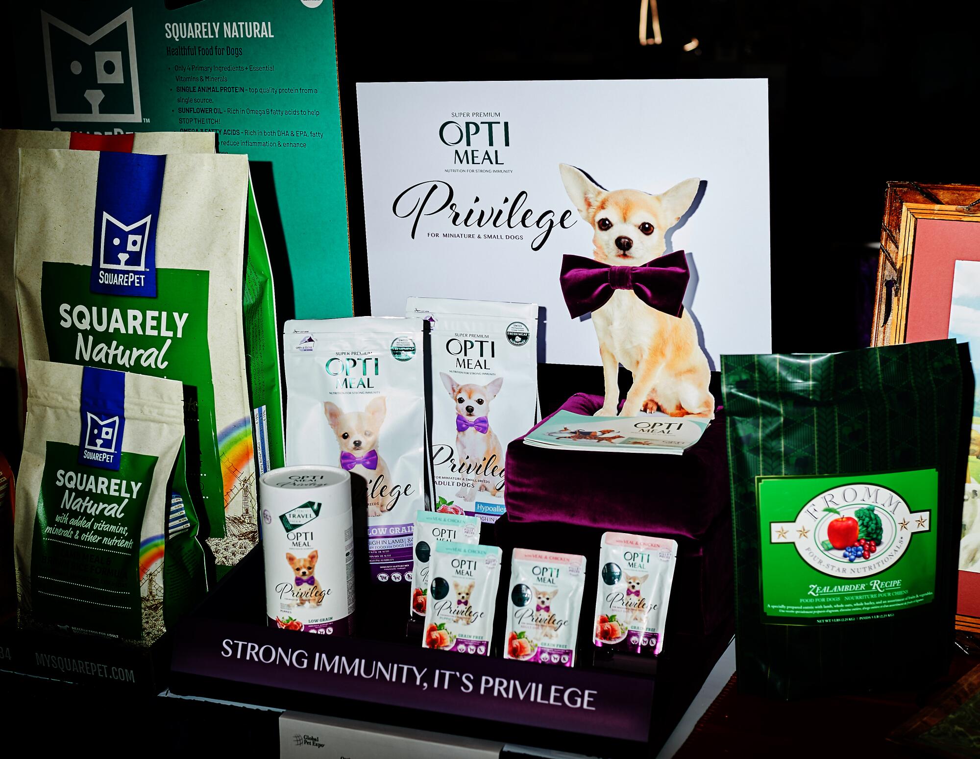 Opti Meal's line of Privilege dog food, among many offerings for the pampered pooch.