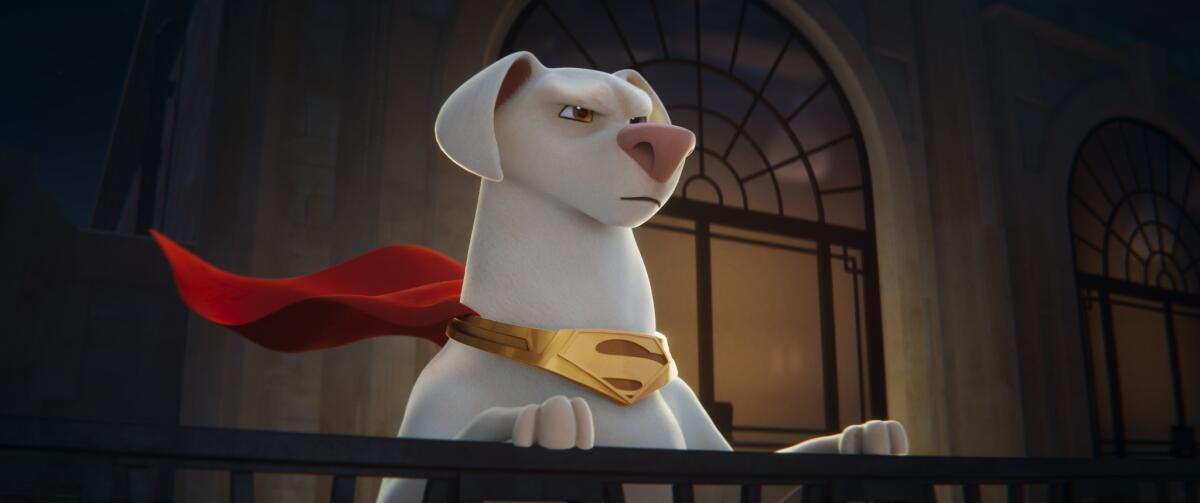 A cartoon dog with a red cape looking over a balcony
