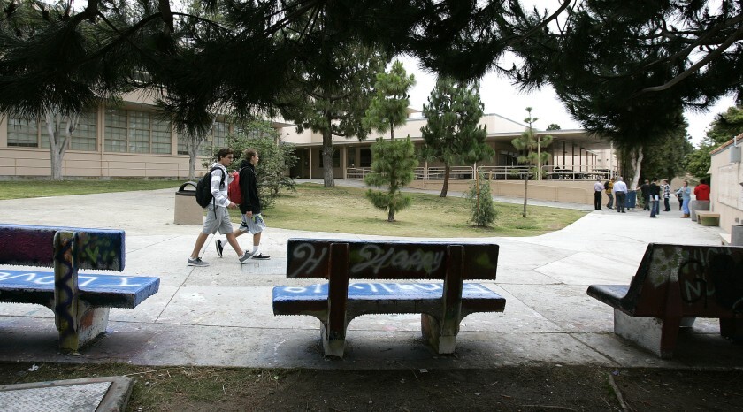 Students walk on the campus of La Jolla High School, a popular school choice destination. (John Gastaldo / The San Diego Union-Tribune)