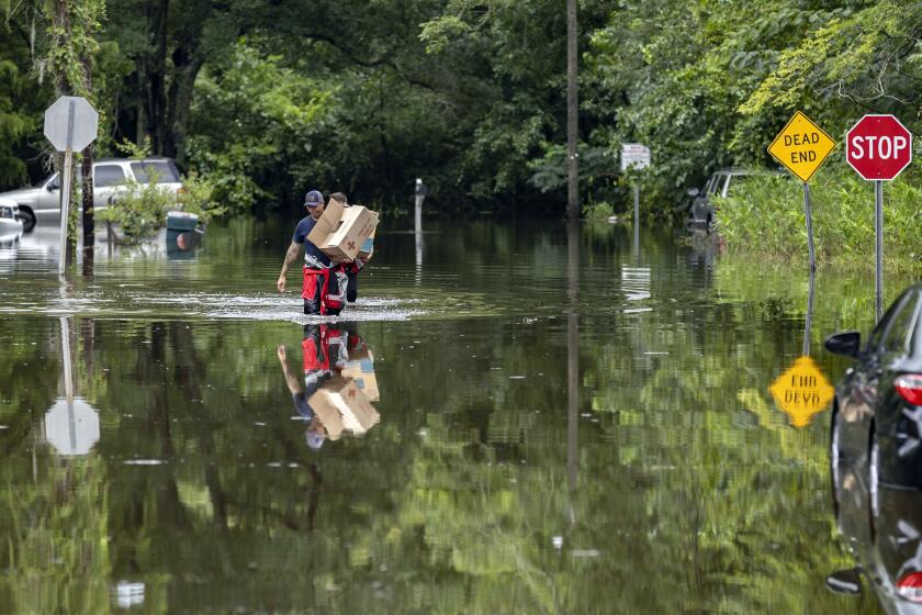 Los bomberos de la localidad de Savannah Andrew Stevenson, delante, y Ron Strauss cargan comida para residentes del vecindario de Tremont Park varados por inundaciones de la tormenta tropical Debby, el martes 6 de agosto de 2024, en Savannah, Georgia. (AP Foto/Stephen B. Morton)