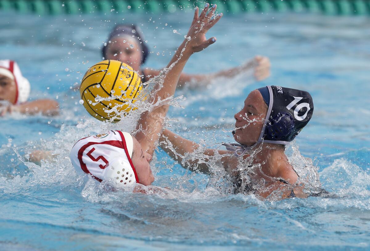 Newport Harbor's Emily Cantu (10) scores against Cathedral Catholic in the first half of a nonleague match in Newport Beach on Saturday.