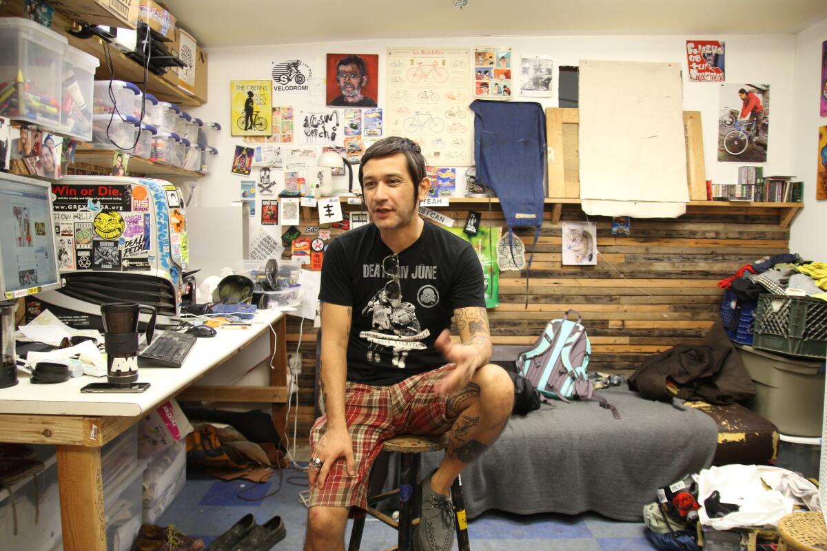 Yepiz in his Barrio Logan studio. A prolific graphic artist, muralist and painter, he did some of the early graphics for the electronica group Nortec Collective. Since then, exhibited work in galleries and museums in Mexico, the U.S. and Europe.