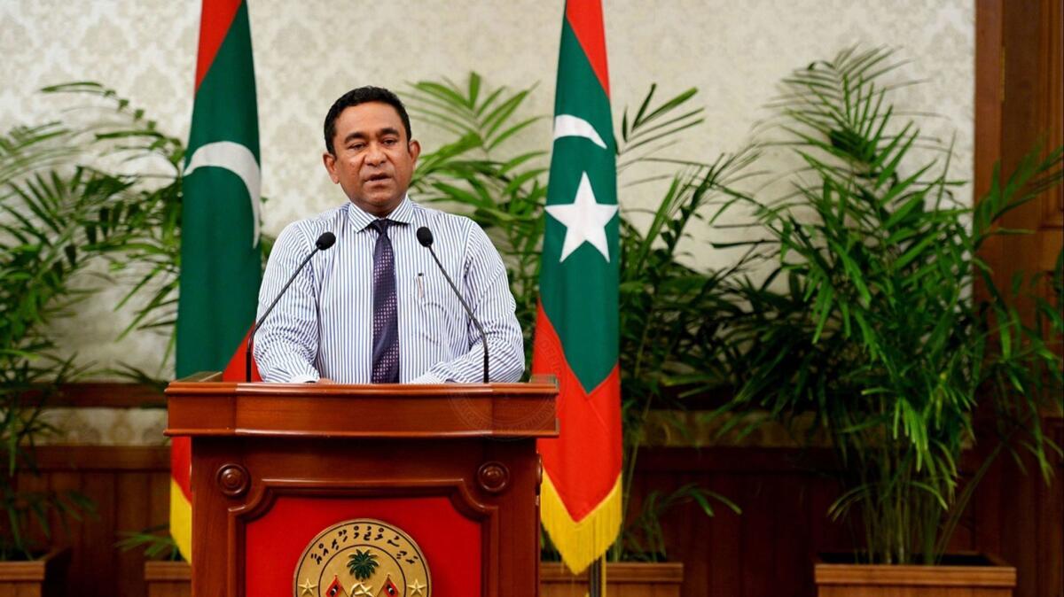 Maldives President Abdulla Yameen Abdul Gayoom, seen in 2015, has jailed opponents and dismantled the Supreme Court ahead of elections scheduled for September.