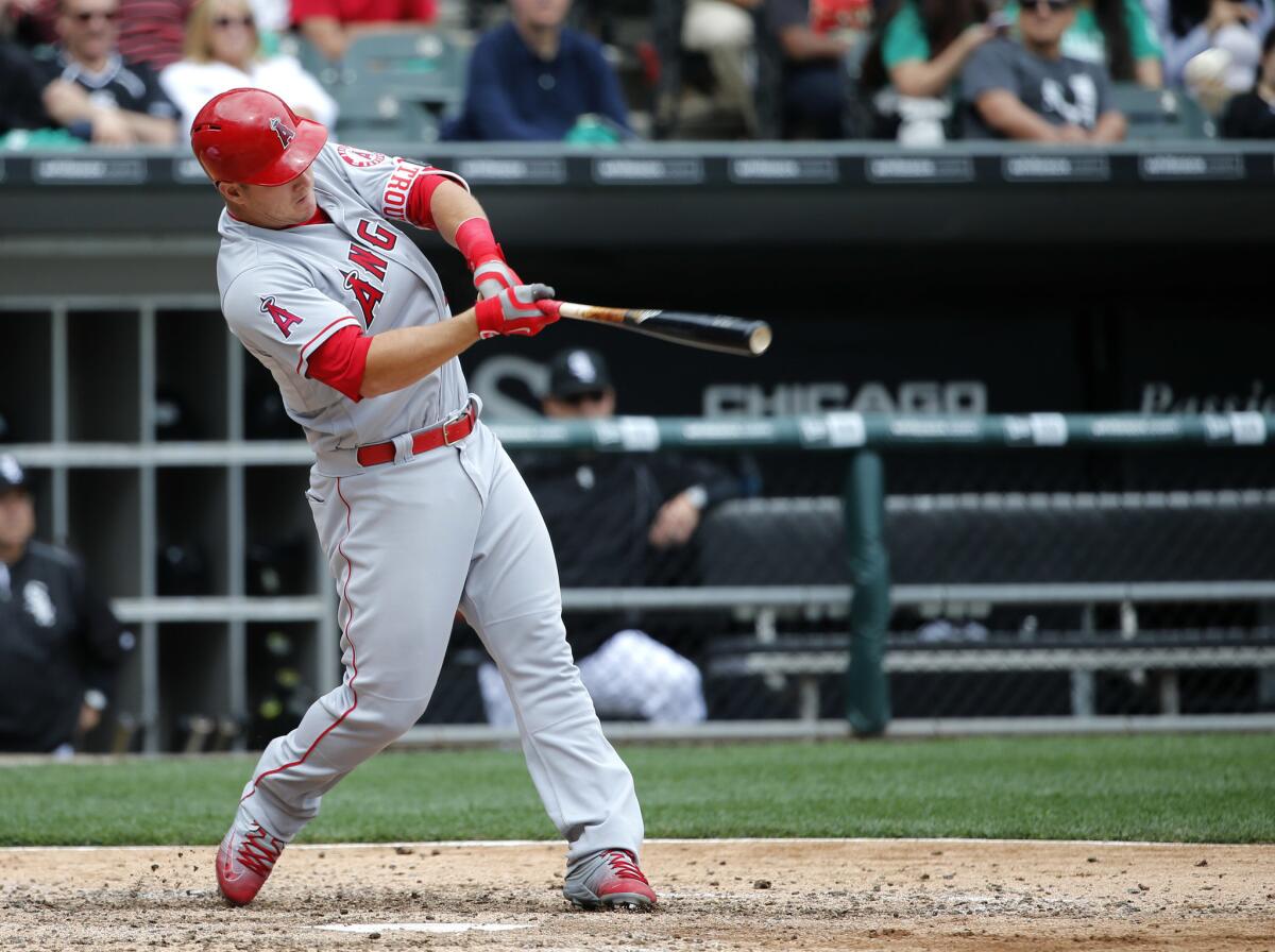 Mike Trout hits a two-run home run off of White Sox pitcher John Danks during the fifth inning of the Angels' 3-2 win over Chicago on April 21.