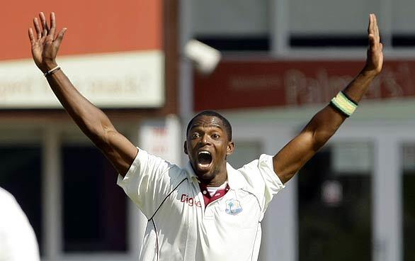 West Indies cricket player Andrew Richardson makes an unsuccessful wicket appeal during the first round of the three-day tourist match between West Indies and Leicestershire County in Leicester, England.