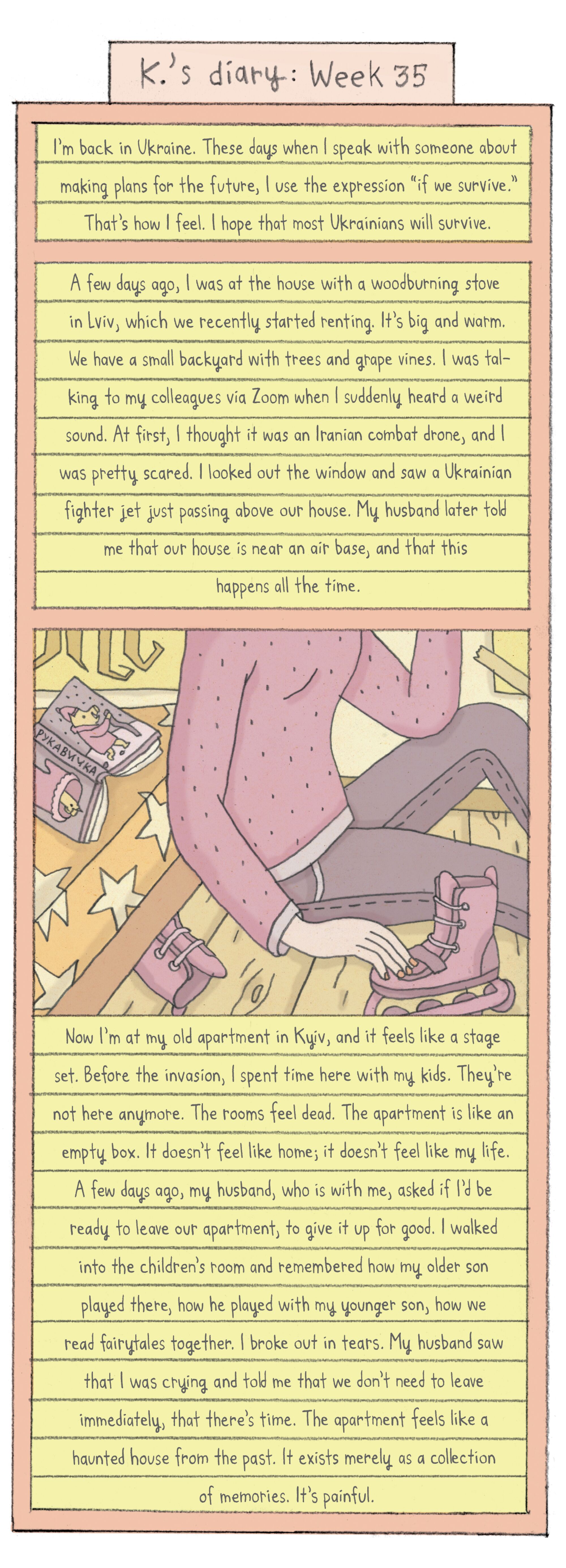 Comic depicting a woman sitting on the floor beside a pair of rollerblades and a book, open and overturned on a table.