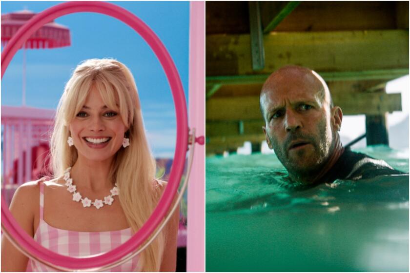 Margot Robbie smiling into a pink oval while wearing a pink checkered dress; Jason Statham treading water under a pier