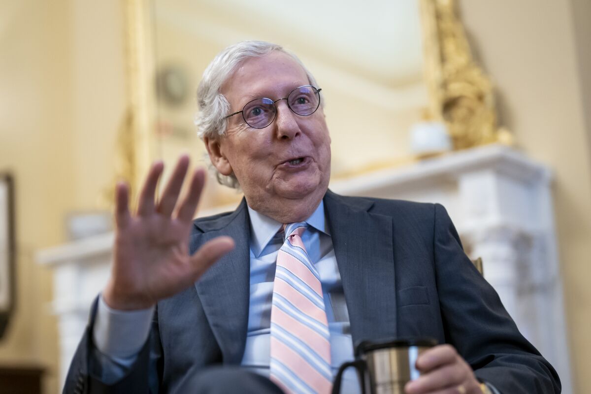 Senate Minority Leader Mitch McConnell, R-Ky., discusses NATO expansion and other issues during an Associated Press interview in his office at the Capitol in Washington, Wednesday, Aug. 3, 2022. (AP Photo/J. Scott Applewhite)