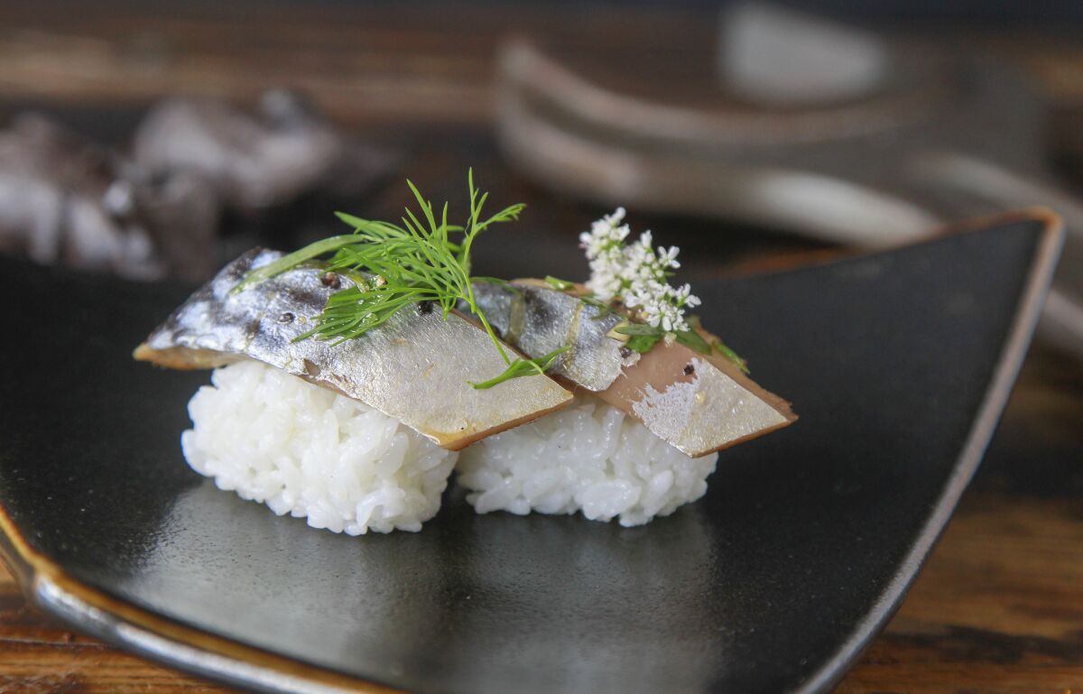 Chef Davin Waite prepared this Cured Mackerel Nigiri at his restaurant, Wrench and Rodent Seabasstropub in Oceanside.