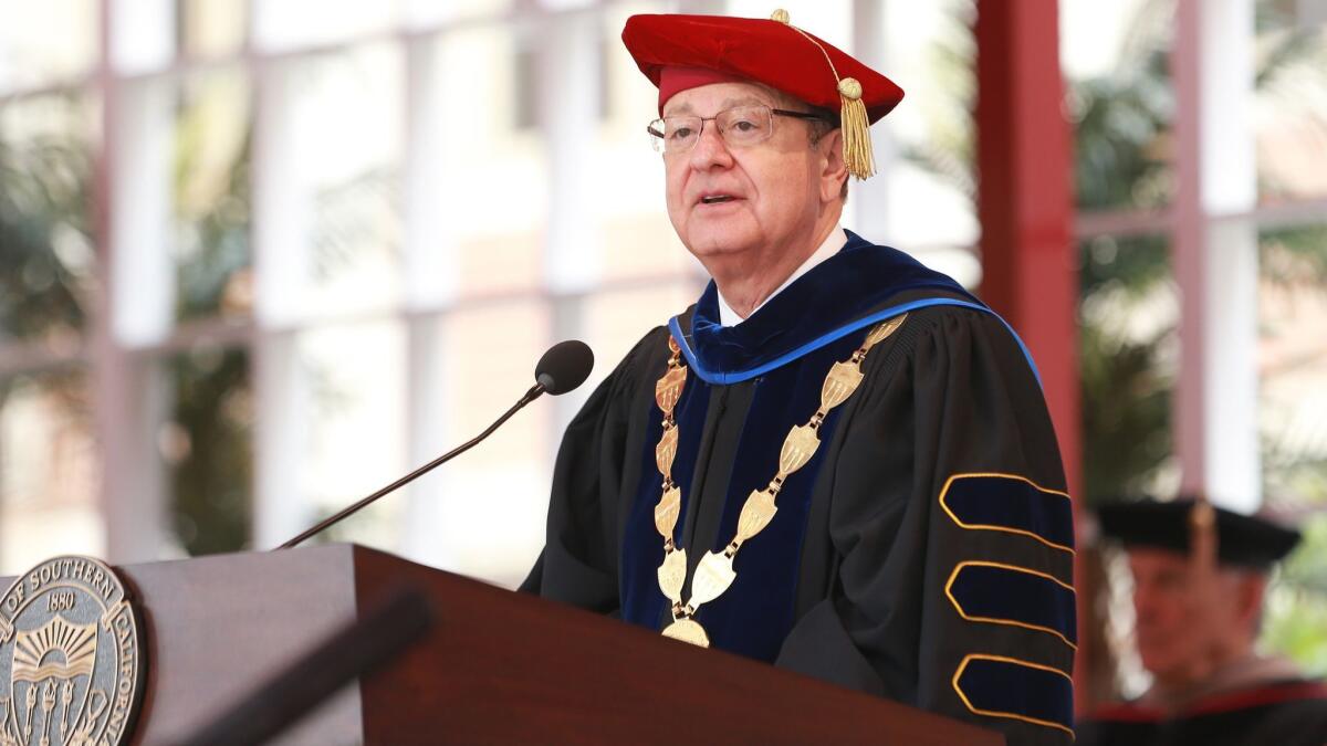 USC President C.L. Max Nikias speaks at a school commencement ceremony on May 11.