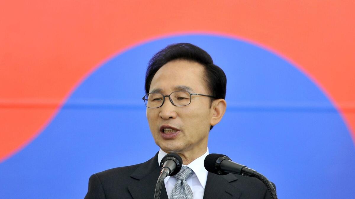 Then-South Korean President Lee Myung-bak speaks at an Armed Forces Day ceremony in September 2012.