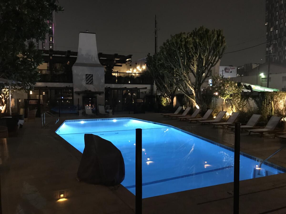 The pool at Hotel Figueroa, a go-to spot before games and concerts.