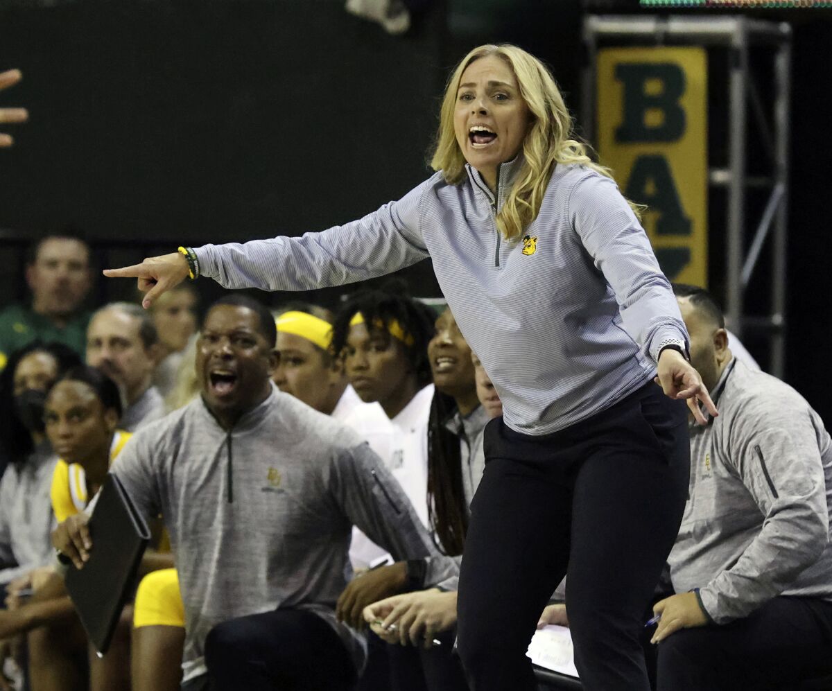 Baylor head coach Nicki Collen calls in an offensive play against Texas State in the first half of an NCAA college basketball game, Tuesday, Nov. 9, 2021, in Waco, Texas. (Rod Aydelotte/Waco Tribune-Herald via AP)