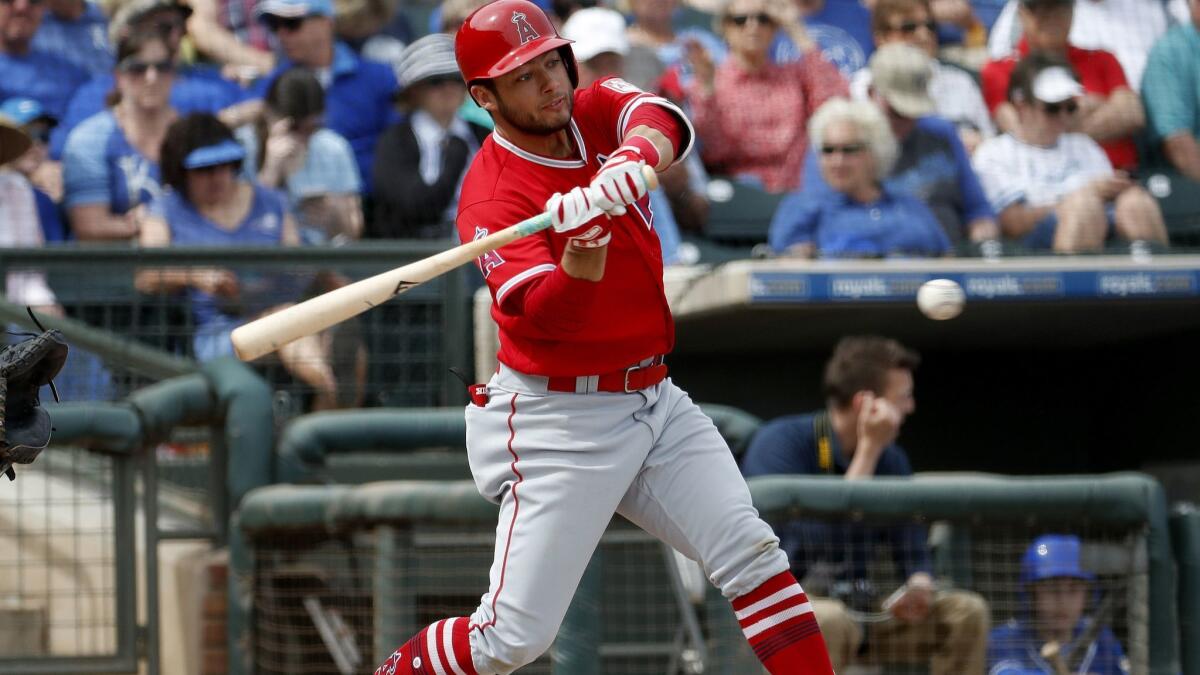 Angels' David Fletcher hits during a spring training game in Surprise, Ariz.
