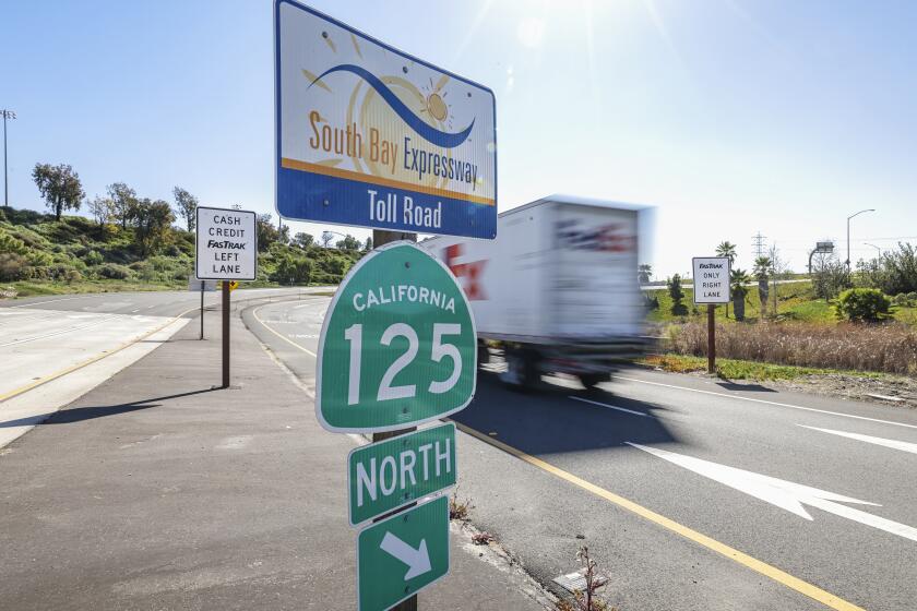 CHULA VISTA, CA - FEBRUARY 03: At Otay Lakes Road, a truck enters the South Bay Expressway on an onramp of the State Route 125 toll road on Thursday, Feb. 3, 2022 in Chula Vista, CA. (Eduardo Contreras / The San Diego Union-Tribune)