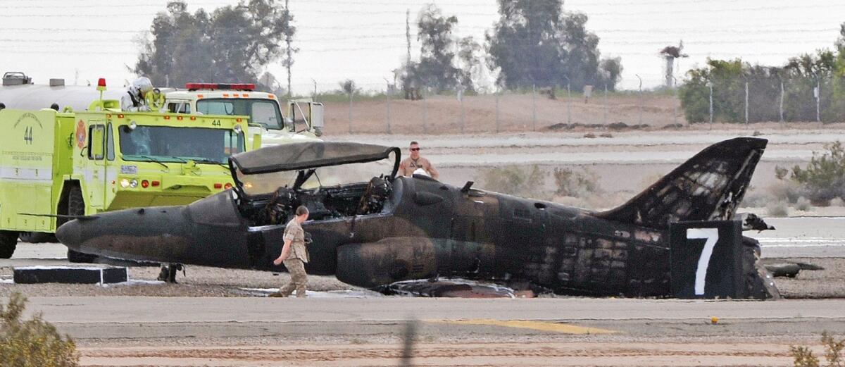 Wreckage of a T-59 Hawk civilian aircraft that crashed at the Marine Corps Air Station in Yuma, Ariz. One Marine was killed.