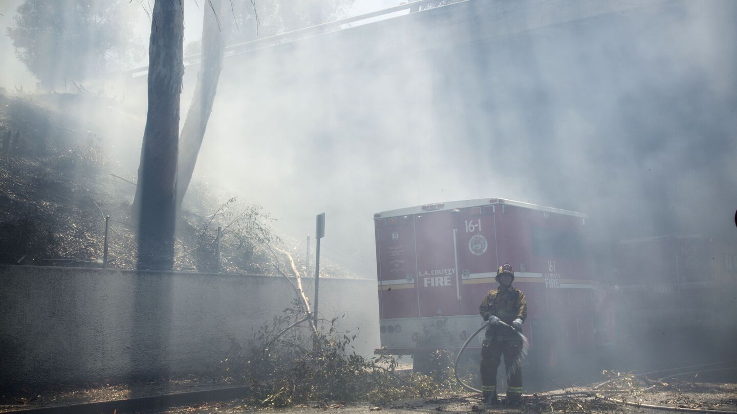 A firefighter turns to observe the brush fire under the 2 Freeway on Rosebud Avenue in Los Angeles on Sunday.