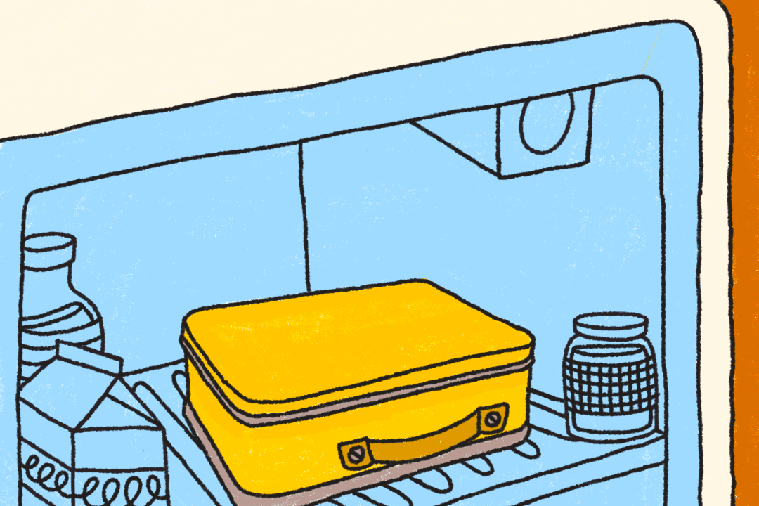 illustration of lunchbox opening to show fruits and veggies 