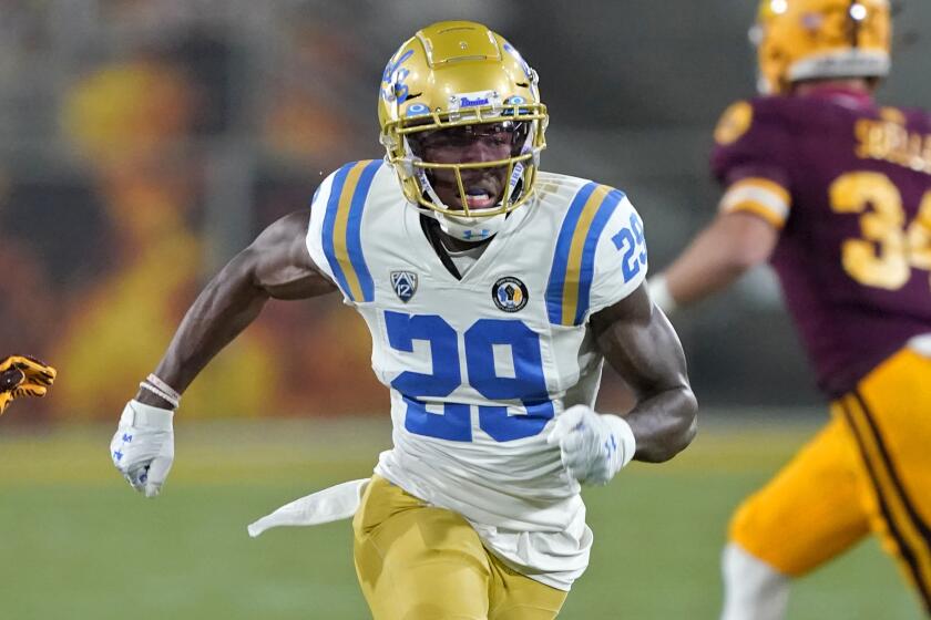 UCLA wide receiver Delon Hurt (29) against Arizona State during the first half of an NCAA college football game, Saturday, Dec. 5, 2020, in Tempe, Ariz. (AP Photo/Matt York)