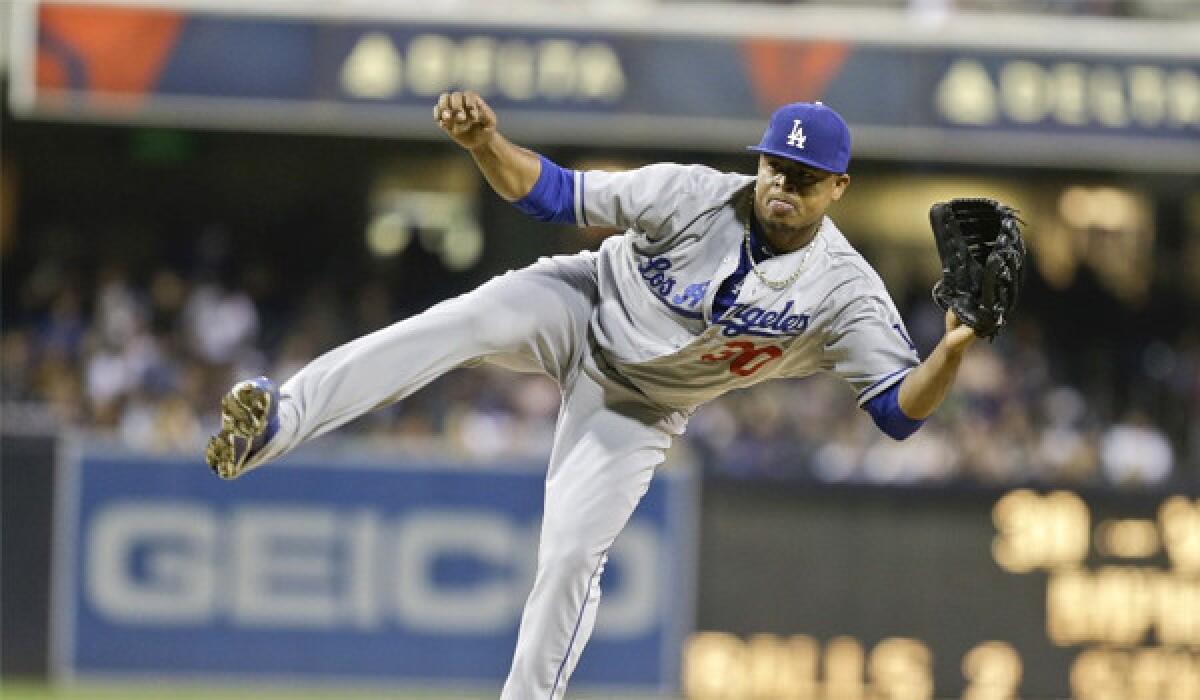 Dodgers right-hander Edinson Volquez gave up two runs, one earned, on five hits through 6 1/3 innings in a loss to his former team the San Diego Padres.
