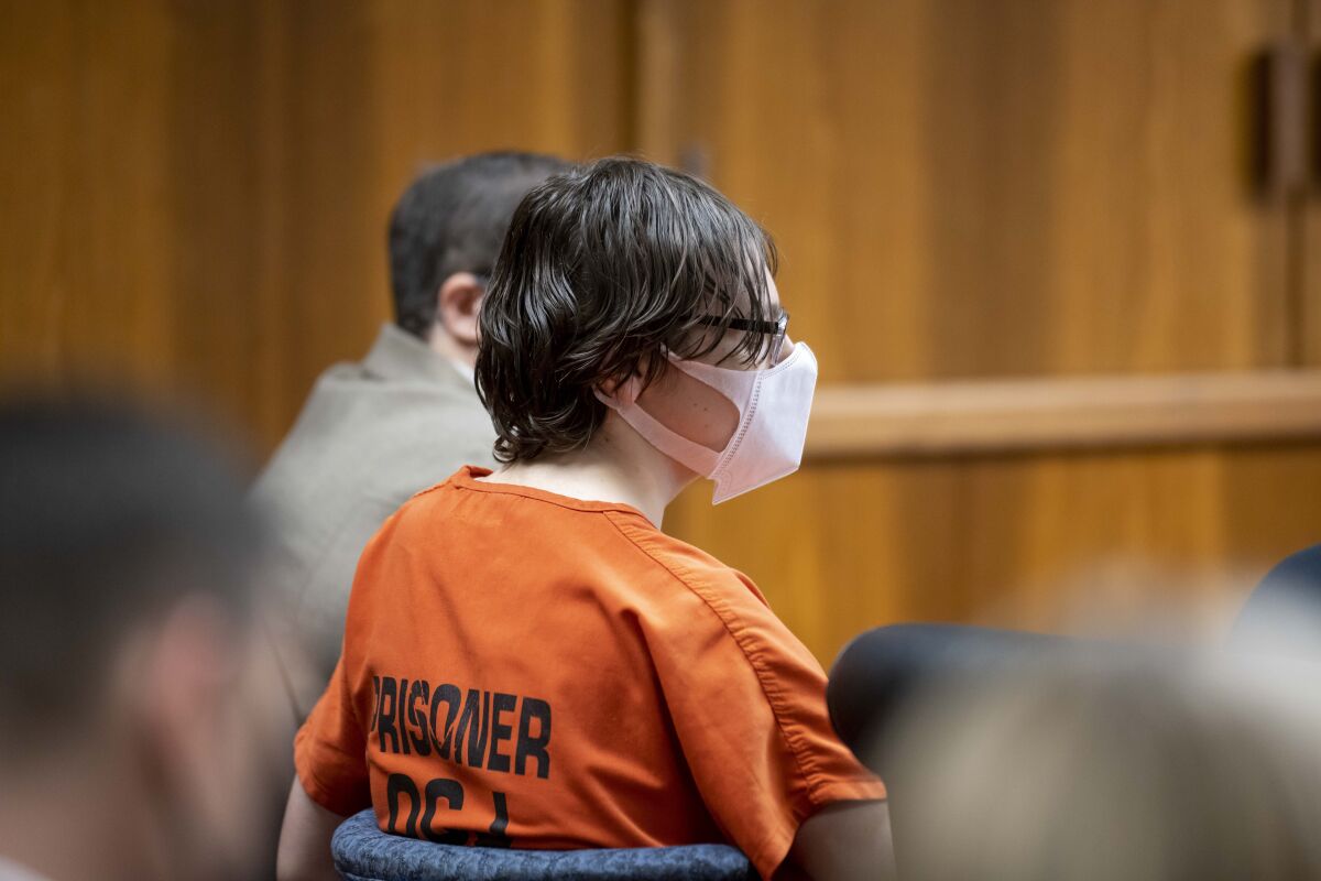 Ethan Crumbley attends a hearing at Oakland County circuit court in Pontiac, Mich., on Tuesday, Feb. 22, 2022. Crumbley is in a mass shooting that left four students dead in Nov. 2021 at his high school. (David Guralnick/Detroit News via AP, Pool)