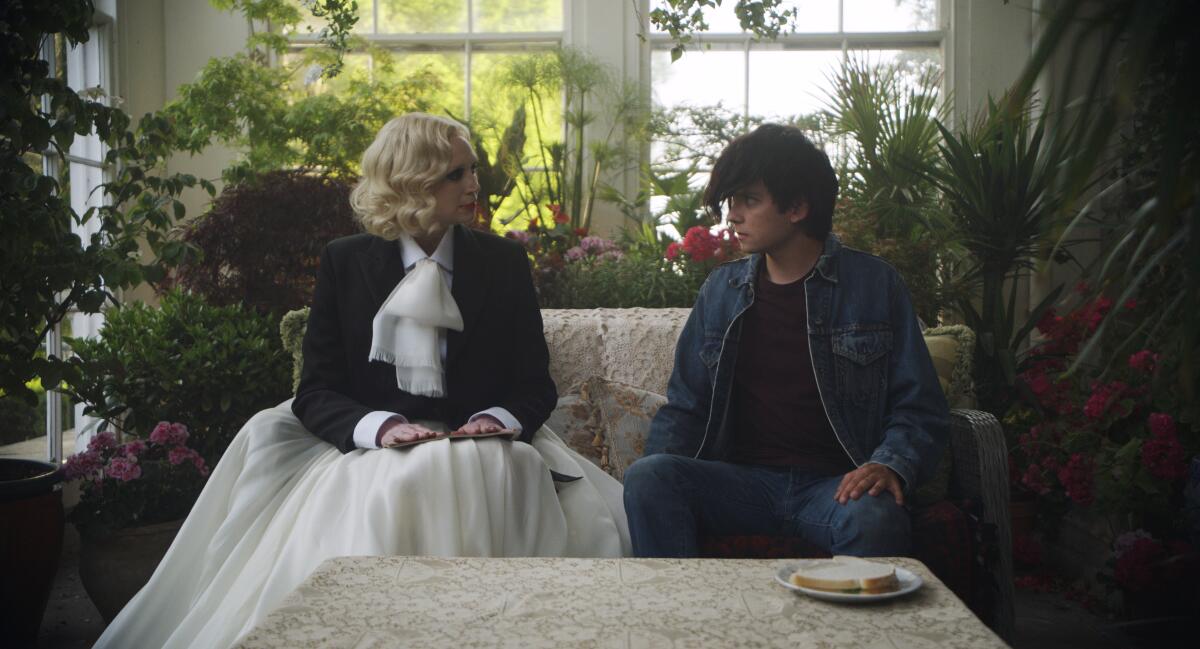 Gwendoline Christie and Asa Butterfield in “Flux Gourmet.” 