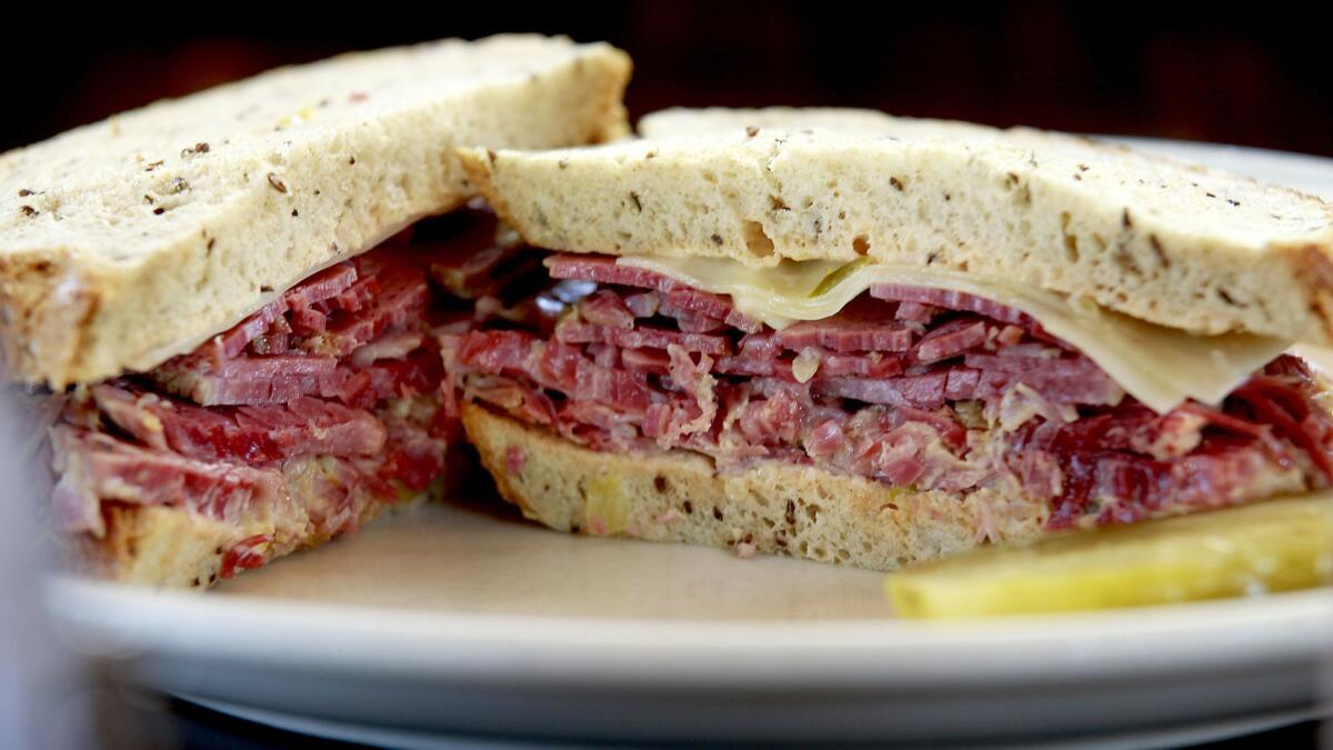 Corned beef and Swiss cheese sandwich with Russian-style dressing.