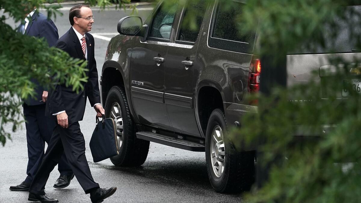 Deputy Atty. General Rod Rosenstein leaves the White House after a meeting on Sept. 24, when he was widely believed to be resigning or getting fired.