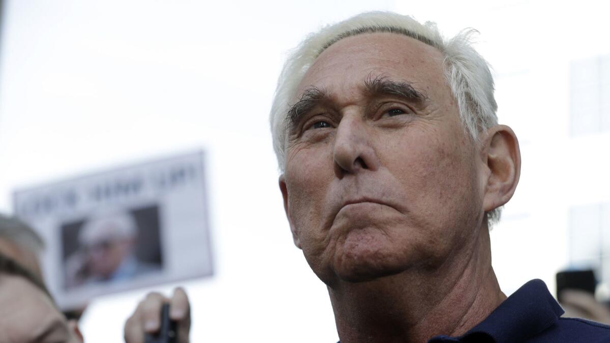 Lawyers for Roger Stone, shown leaving a federal court hearing in Florida in January, argue that the federal case against him amounts to much ado about nothing.