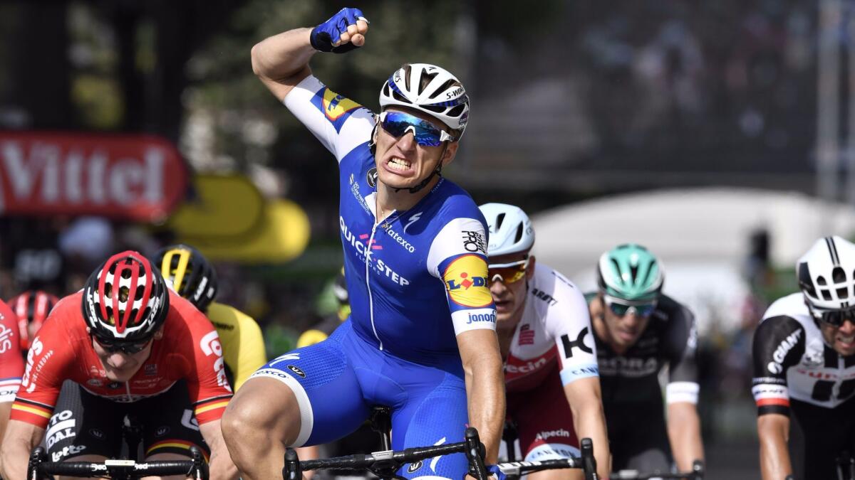 Germany's Marcel Kittel celebrates as he crosses the finish line during the sixth stage of the Tour de France on July 6.