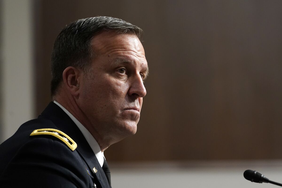 Lt. Gen. Michael E. Kurilla testifies before the Senate Armed Services committee during his confirmation hearing on Capitol Hill in Washington, Tuesday, Feb. 8, 2022, to be general and commander of the U.S. Central Command. (AP Photo/Susan Walsh)