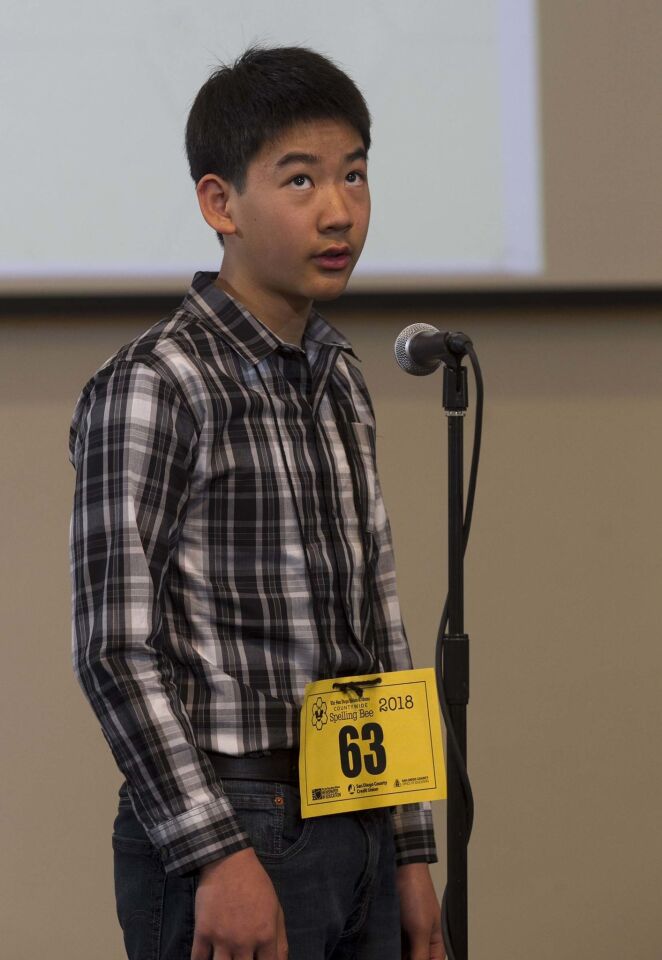 he winner of the 49th annual San Diego Union-Tribune county wide spelling bee was Kevin Luo, 13, an eighth grader from Pacific Trails Middle School, who won the by spelling the word "gradine" correct. Gradine means "one of a series of low steps or seats raised one above another." held at Liberty Station.
