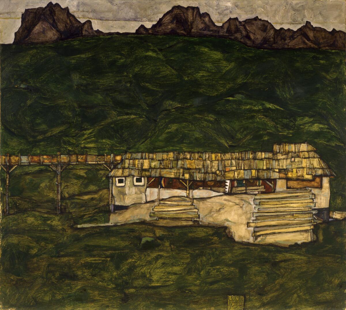 Impressionist painting of a sawmill.