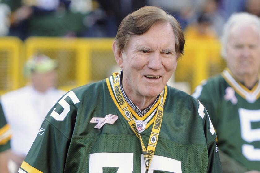 FILE - In this Oct. 2, 2011, file photo, former Green Bay Packers player and Hall of Famer Forrest Gregg is introduced at halftime of the Packers game against the Denver Broncos at Lambeau Field in Green Bay, Wisc. The Pro Football Hall of Fame says Green Bay Packers great Forrest Gregg has died. He was 85. The Hall did not disclose details about his death in its statement Friday, April 12, 2019. (Corey Wilson/The Green Bay Press-Gazette via AP, File)