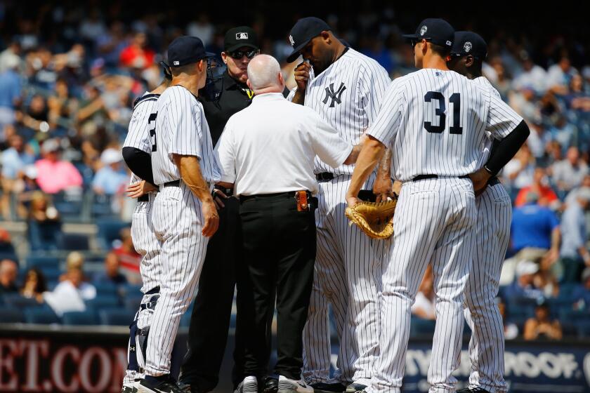 Yankees pitcher CC Sabathia is taken out of the game against the Indians.