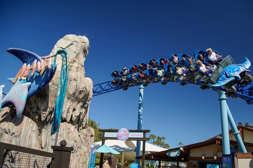 San Diego, California - April 01: SeaWorld San Diego celebrates it's 60th anniversary. Park visitors on Manta roller coaster ride in Mission Bay on Monday, April 1, 2024 in San Diego, California. (Alejandro Tamayo / The San Diego Union-Tribune)