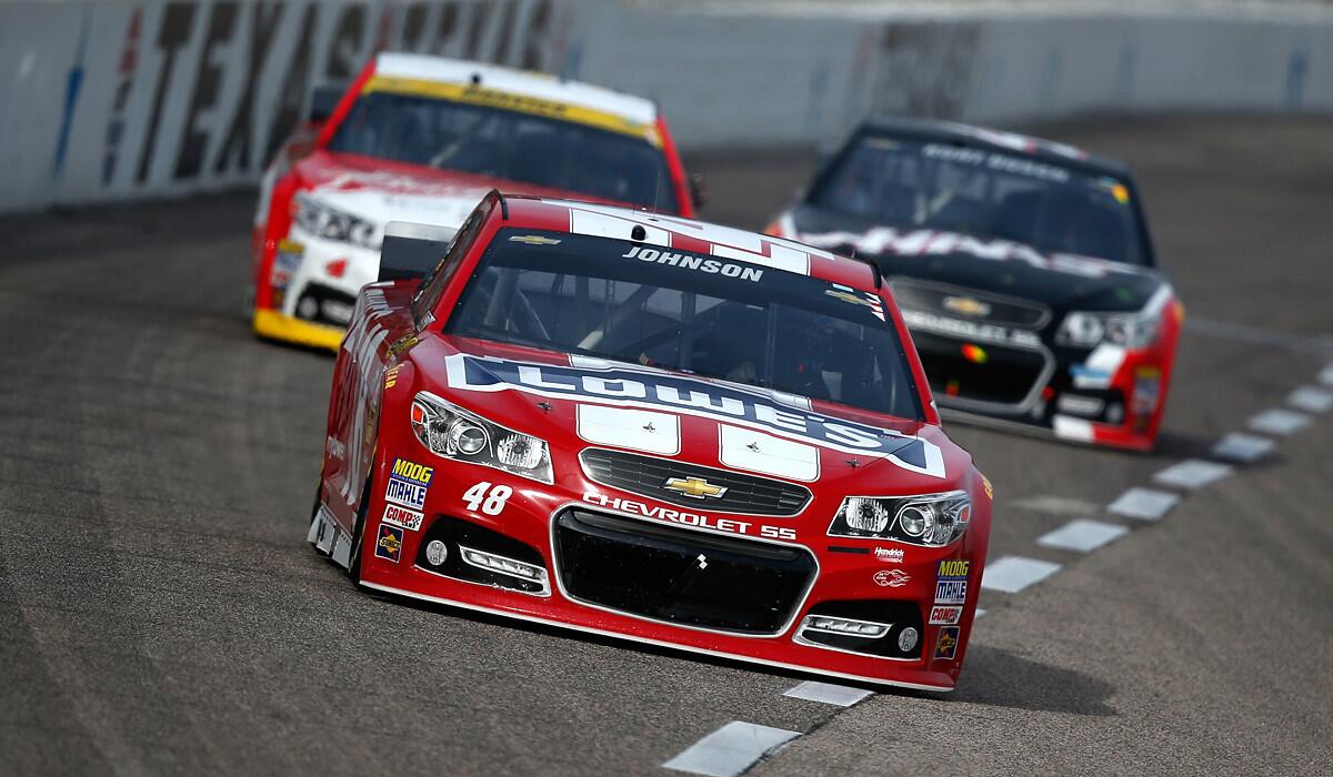 NASCAR driver Jimmie Johnson led 191 of the 341 laps on Sunday at Texas Motor Speedway, where he won the Sprint Cup AAA Texas 500.