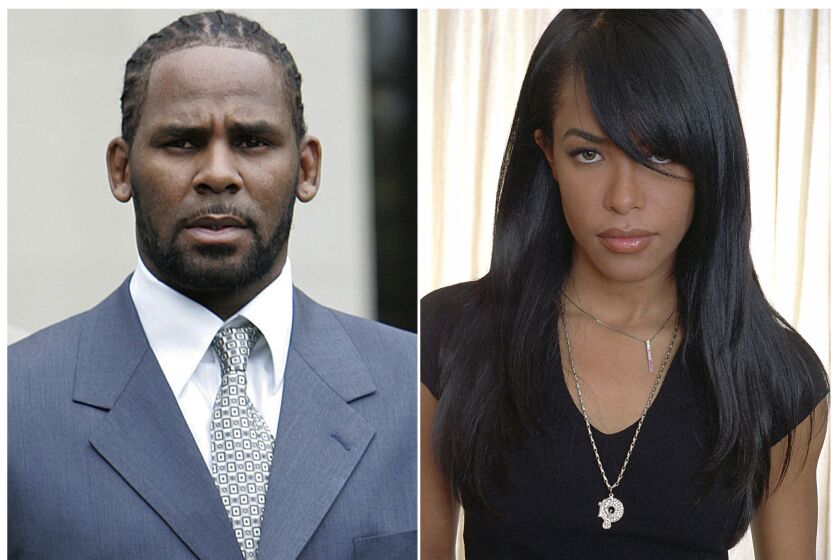 A split image of a man in a blue suit and a woman in a black T-shirt