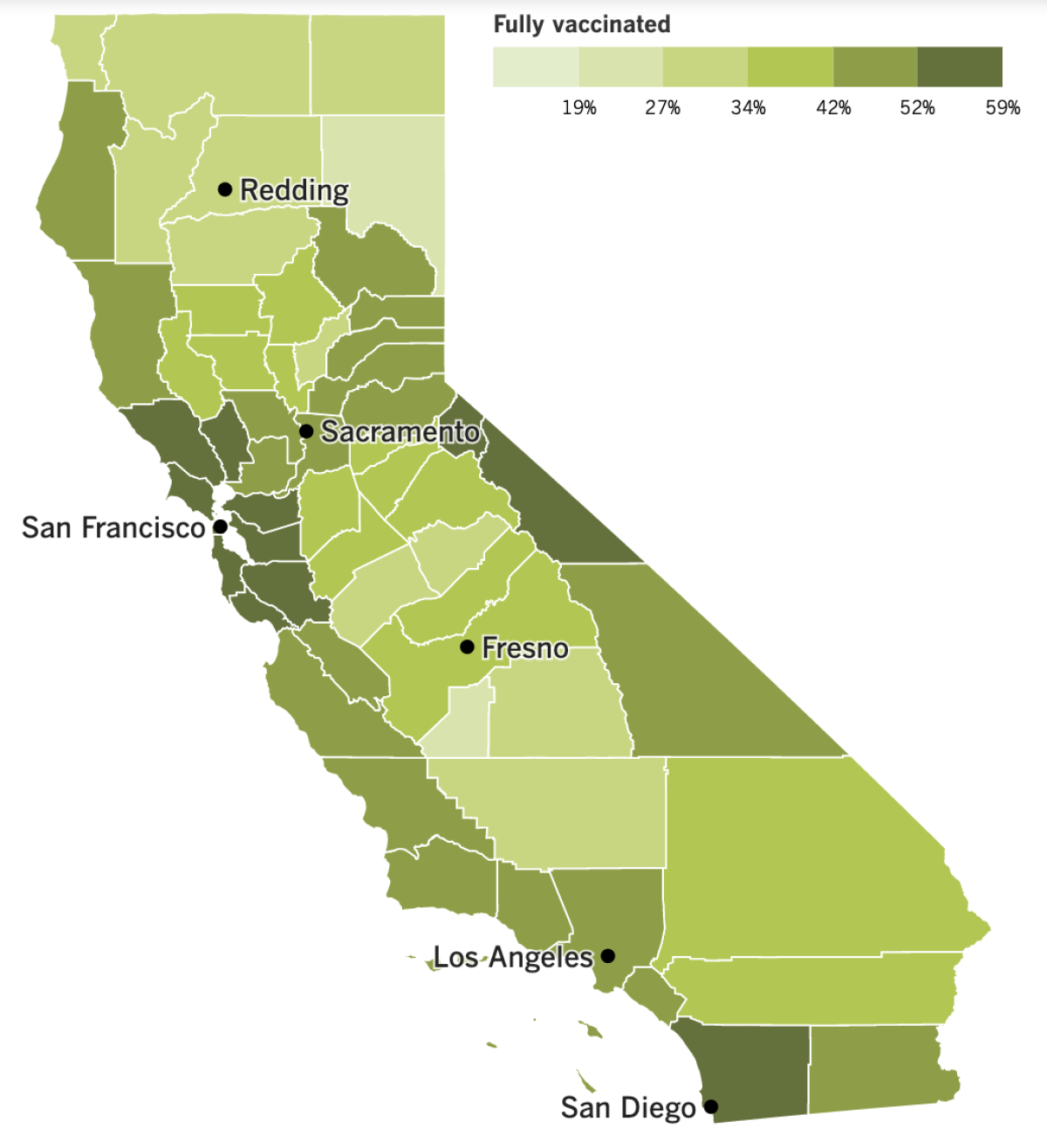 A map of California that shows the vaccination rates by county