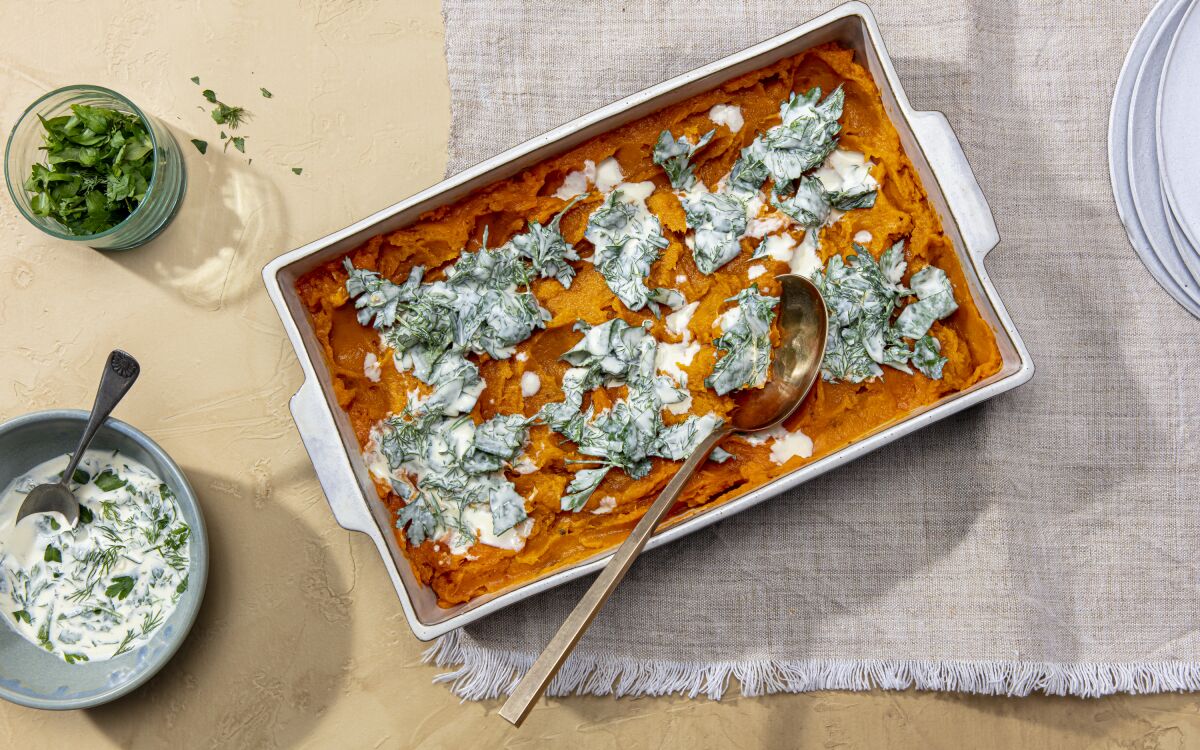 Very Slow-Roasted Yams With Seven-Herb Sauce