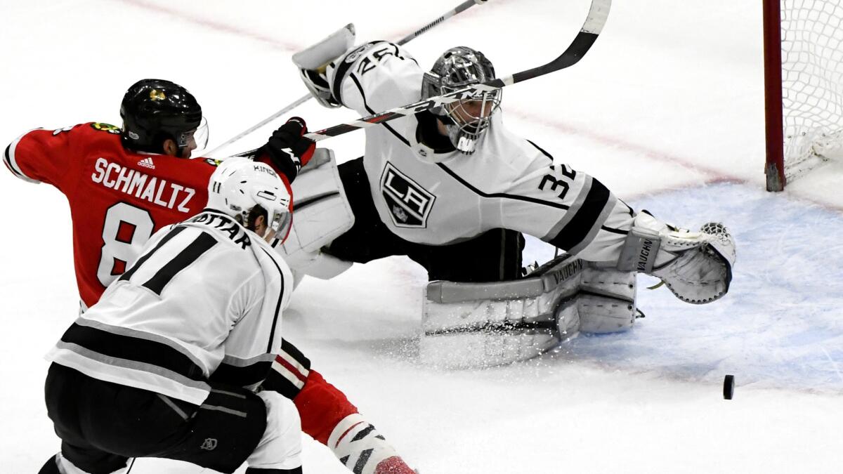 Kings goalie Jonathan Quick made 15 saves during the second period against the Chicago Blackhawks on Dec 3.