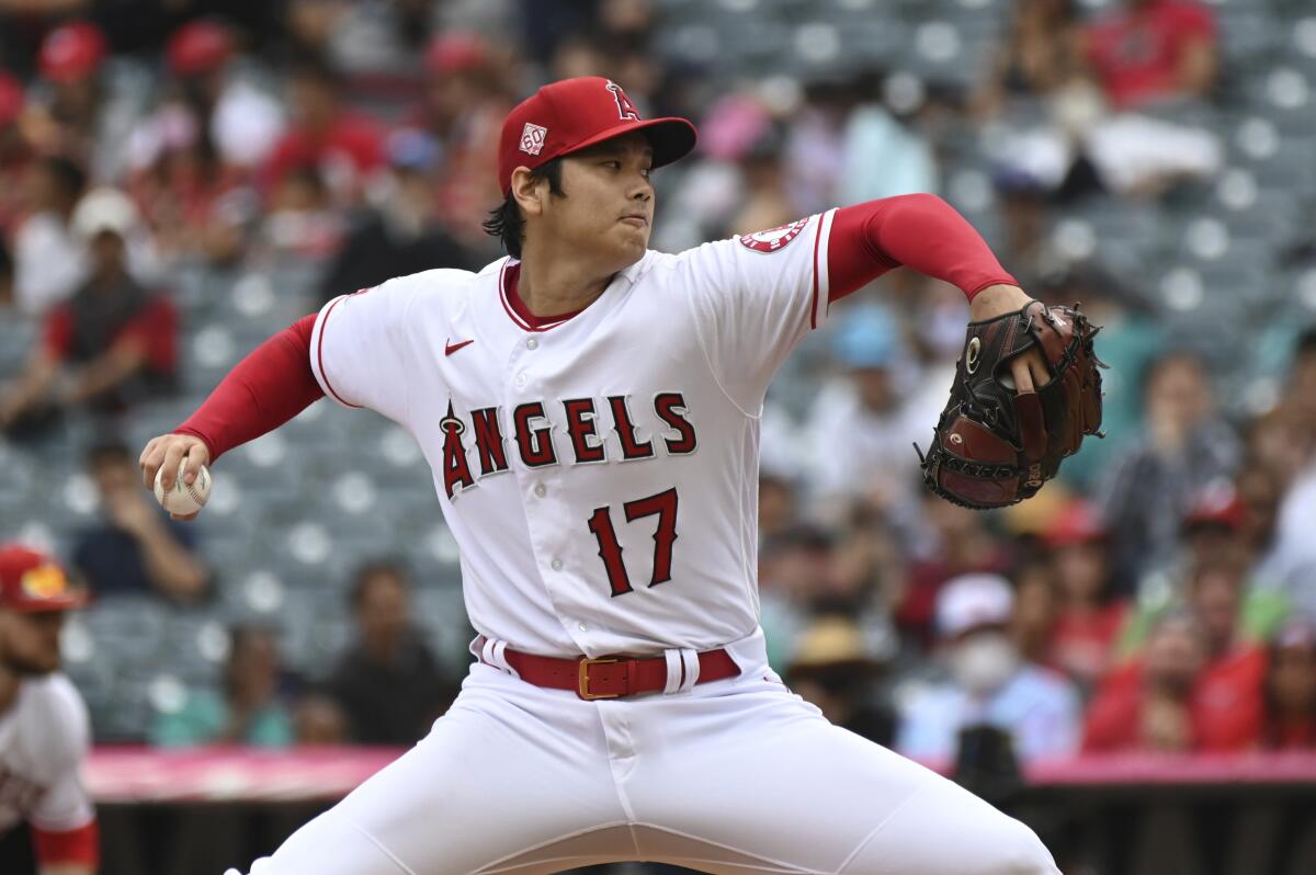 Shohei Ohtani of the Angels pitches against the Seattle Mariners.