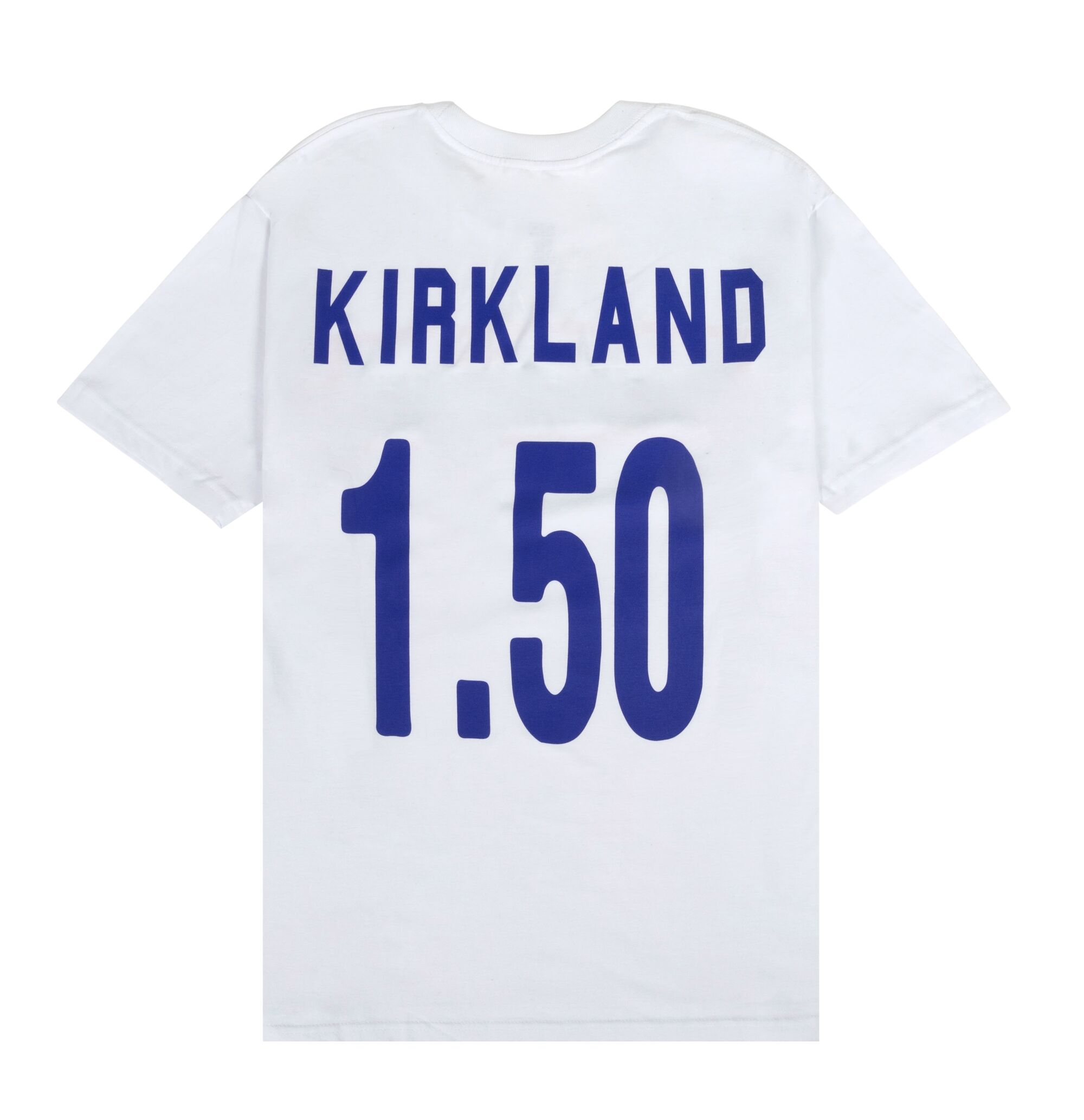 The white t-shirt pays homage to Costco's $1.50 hot dogs "1.50" in blue type