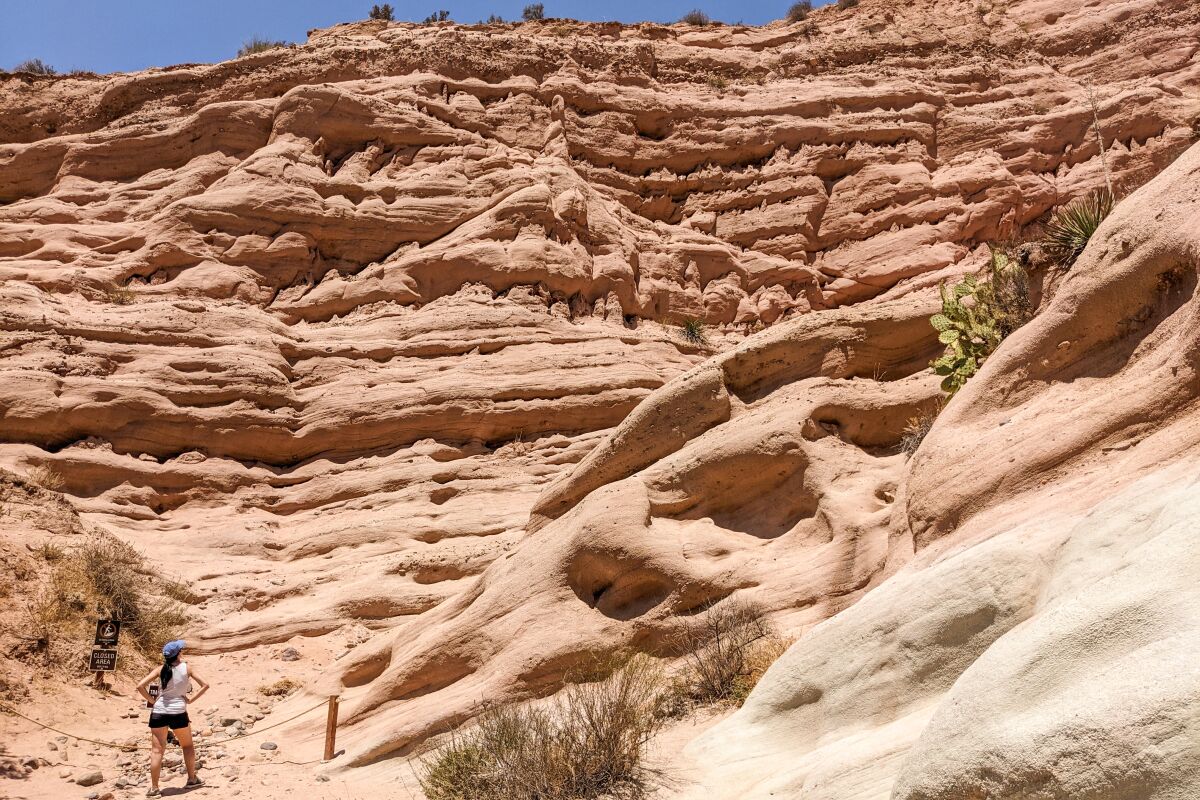 A woman looks up at a red-rock landscape at Whiting Ranch Wilderness Park