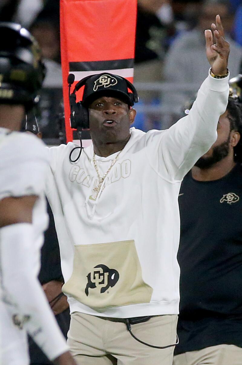 Colorado coach Deion Sanders reacts on the sideline in the fourth quarter against UCLA.