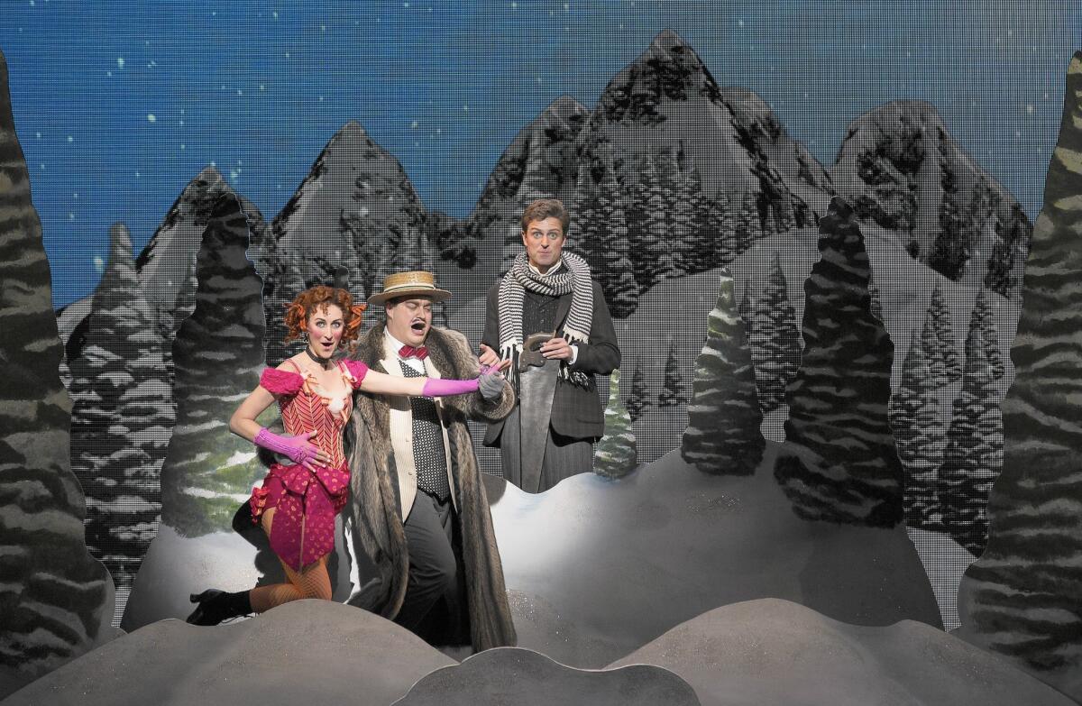 Lesley McKinnell, John Rapson, center, and Kevin Massey romp through the flagrant farce “A Gentleman’s Guide to Love & Murder” at the Ahmanson.