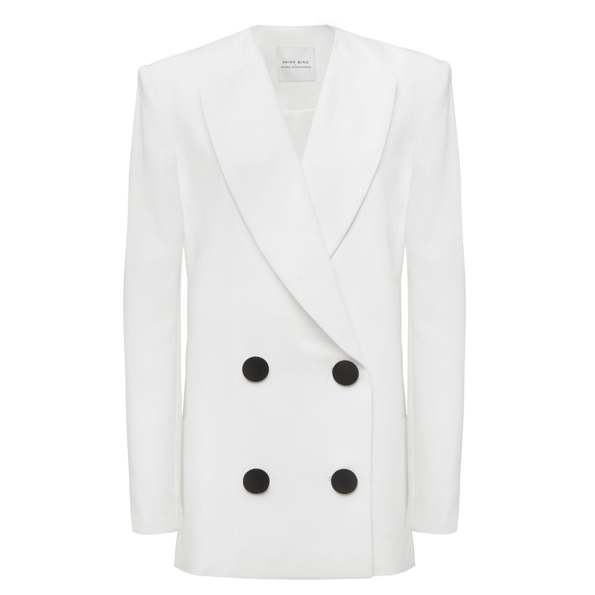  Anine Bing X Helena Christensen's limited-edition white Claudia blazer with large black buttons.