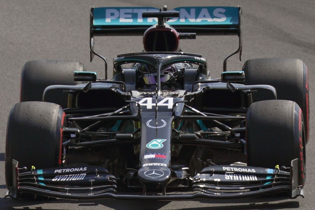 Mercedes driver Lewis Hamilton of Britain steers his car during a practice session at the 70th Anniversary Formula One Grand Prix at the Silverstone circuit, Silverstone, England, Saturday, Aug. 8, 2020. (Will Oliver/Pool Photo via AP)