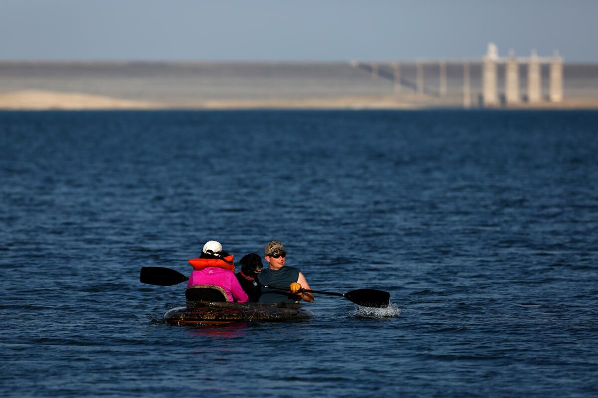 Two kayakers paddle, caring a dog, on a blue body of water filing the frame.